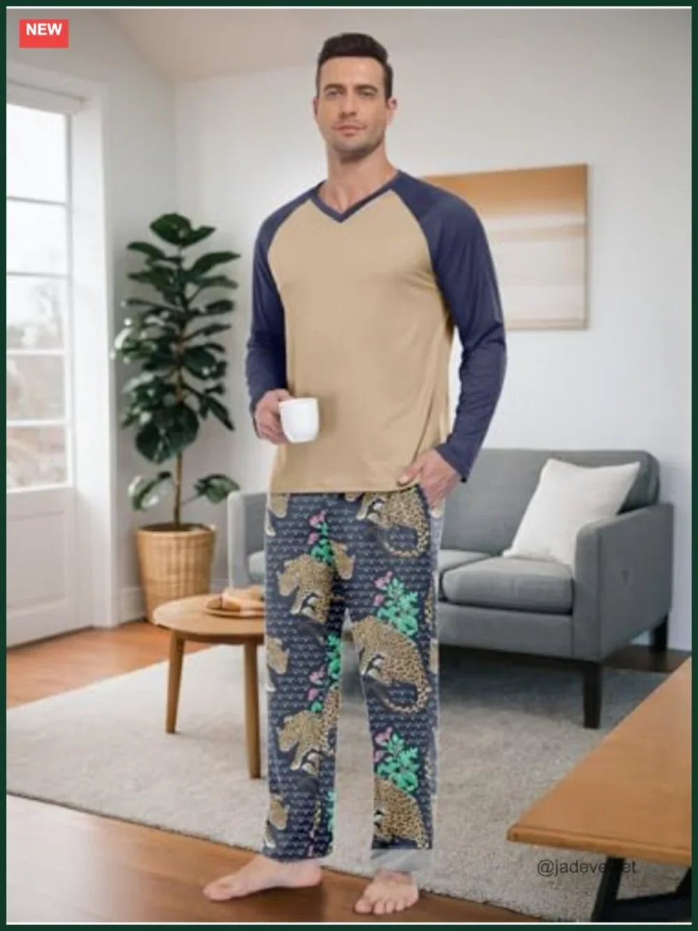 Men's Ultra-Soft Lightweight Long Sleeve Pajama Set V-Neck with Pockets